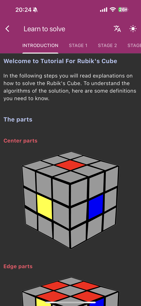 Rubik's Cube Solver & Tutorial - Introduction screen of the Rubiks Cube tutorial app showing an illustration of the cube center parts