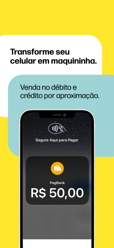 PagVendas NF-e, Vendas, Gestão - Écran de l'application PagVendas montrant un iPhone utilisé comme lecteur de cartes de crédit et de débit sans contact.