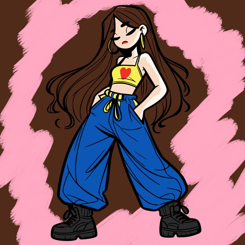 girl in baggy pants crop top and long hair