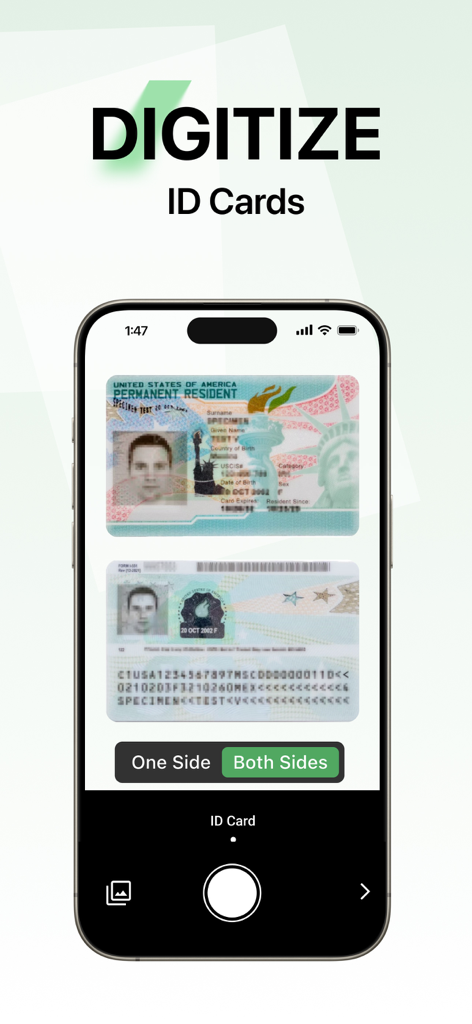 Lens pdf scanner: jpg to pdf - A mobile phone screen showing the Lens PDF Scanner app interface for digitizing both sides of an ID card.