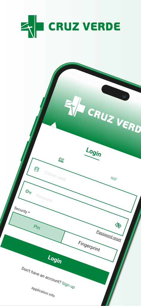 Cruz Verde - Cruz Verde medical app login interface showing secure sign in fields and biometric options