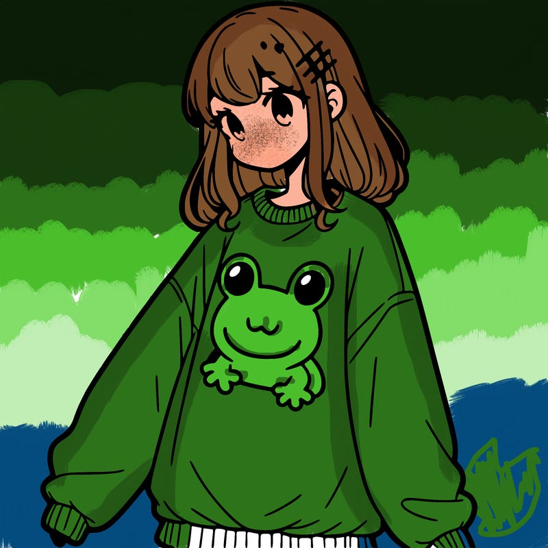girl wearing frogging sweatshirt