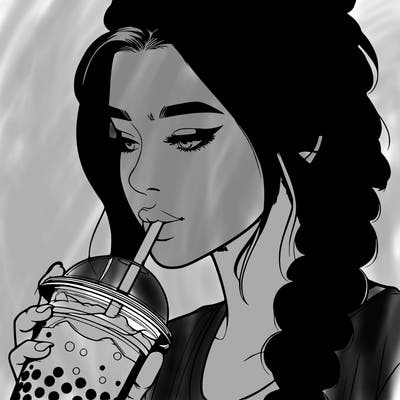realistic girl drinking boba tea with braided hair