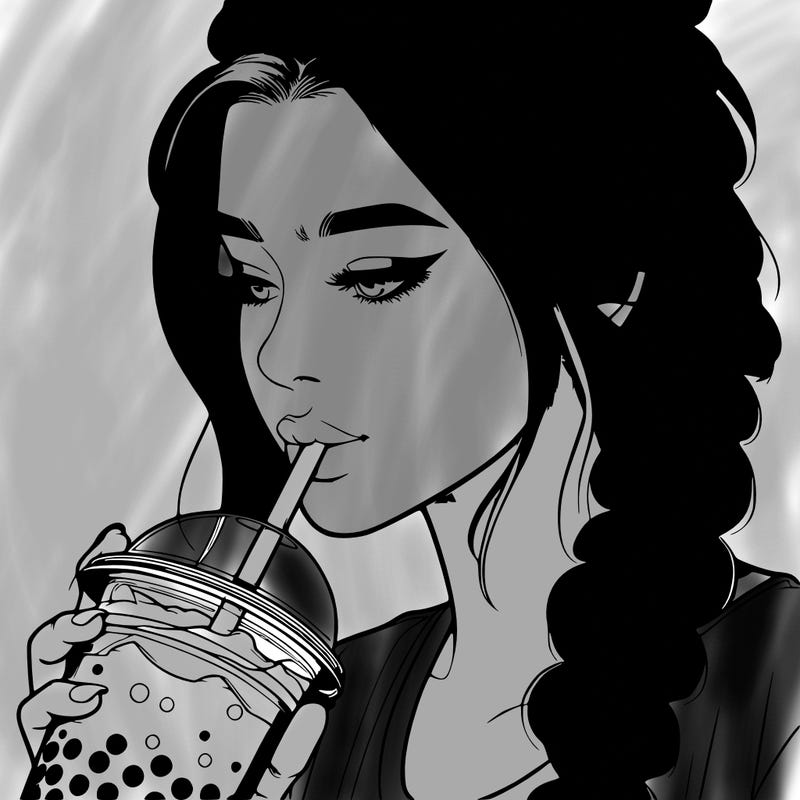 realistic girl drinking boba tea with braided hair