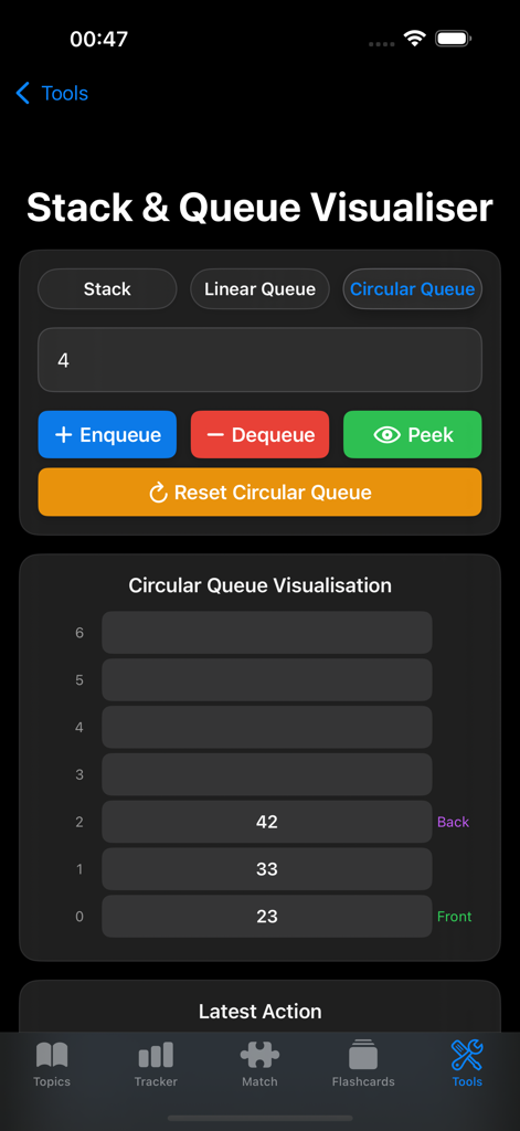 CS Master - CS Master app showing a circular queue data structure visualization with enqueue and dequeue controls