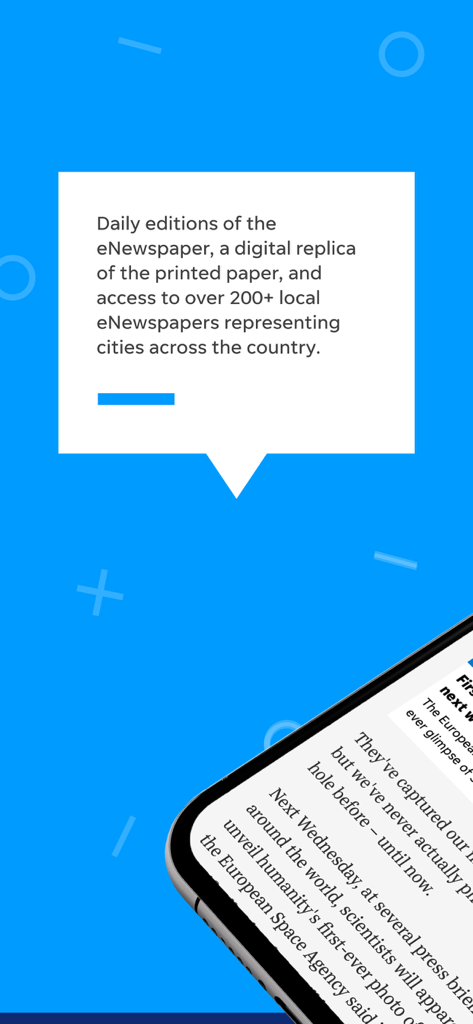 Eine Grafik, die die eZeitung-Funktion der News-Press-App mit einem Mobiltelefon zeigt, das einen Artikel auf blauem Hintergrund anzeigt.