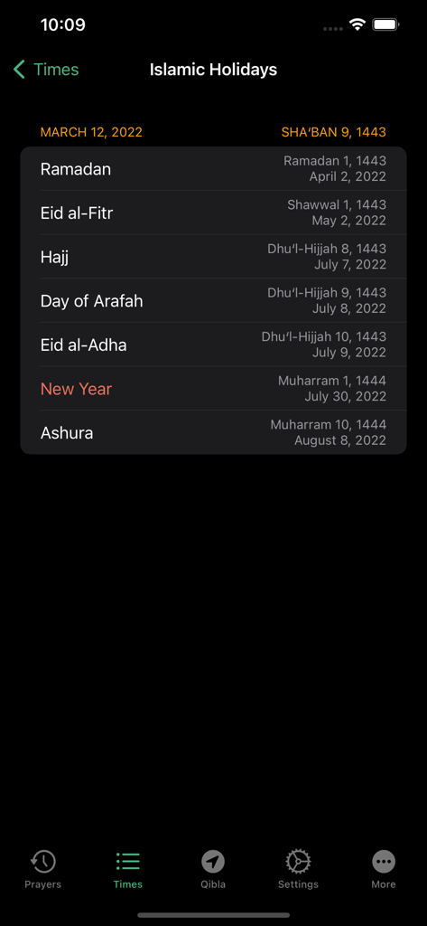 Pray Watch - Liste des fêtes islamiques avec leurs dates grégoriennes et hégiriennes dans l'application Pray Watch