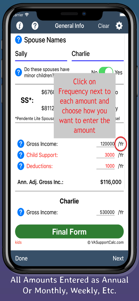 Virginia spousal support calculator app showing income and deduction entry fields for spouses.
