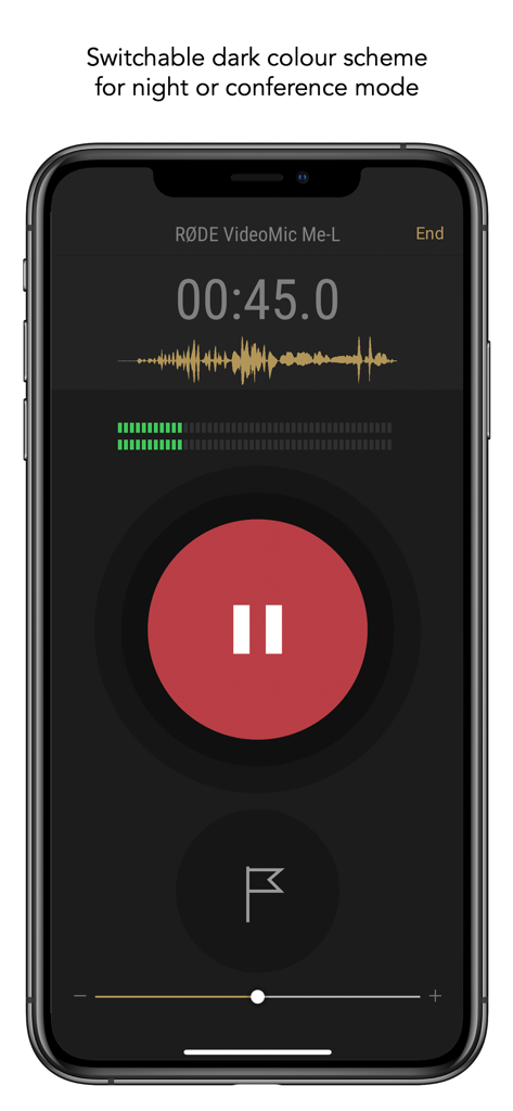 RØDE Reporter - RØDE Reporter app recording interface in dark mode showing an active audio waveform and large pause button.