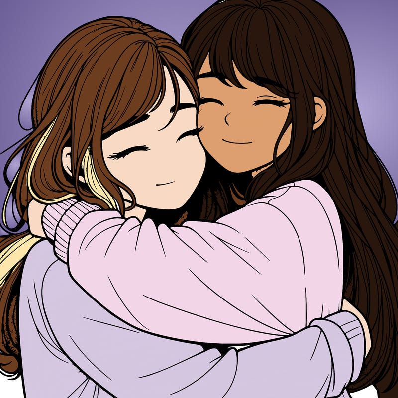 realistic two girls hugging