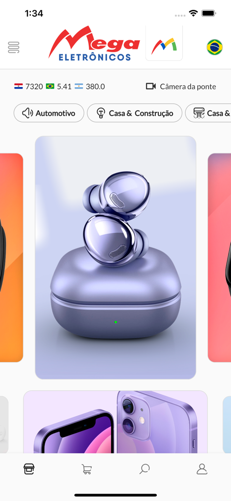 Mega Eletrônicos - Mega Eletronicos app home screen displaying wireless earbuds and mobile phones with local currency exchange rates