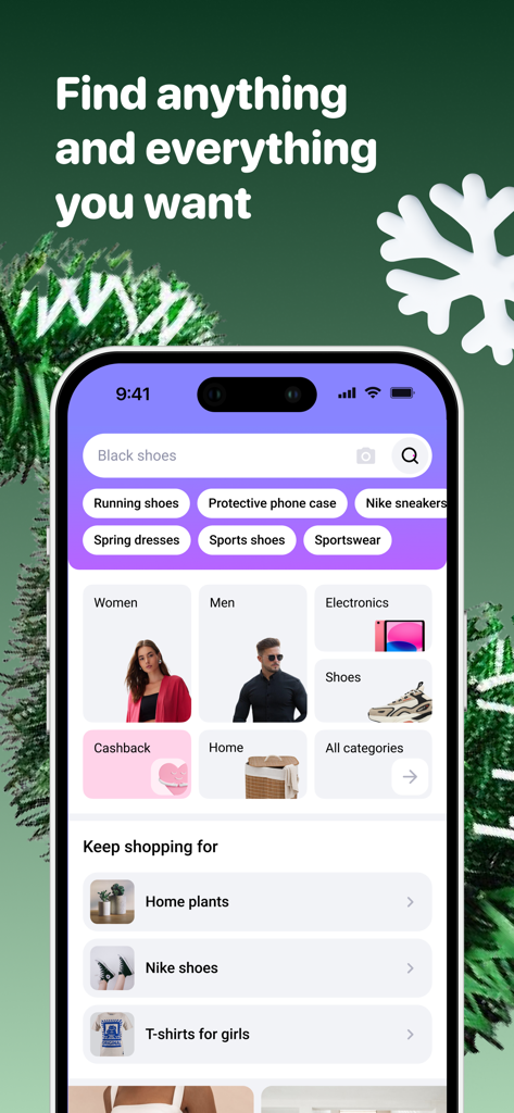 Captura de pantalla de la pantalla de inicio de la aplicación Joom con categorías de productos y una barra de búsqueda.