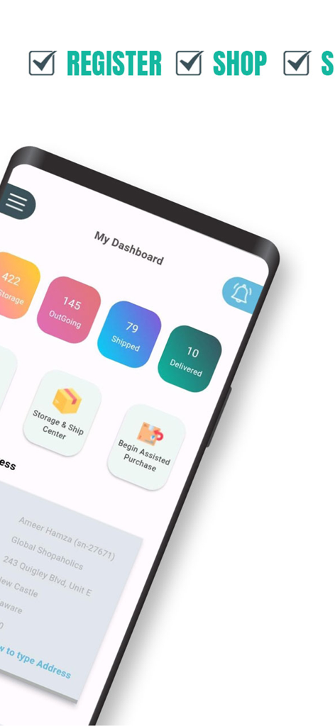 Global Shopaholics - Global Shopaholics mobile app user dashboard showing package shipping and tracking status