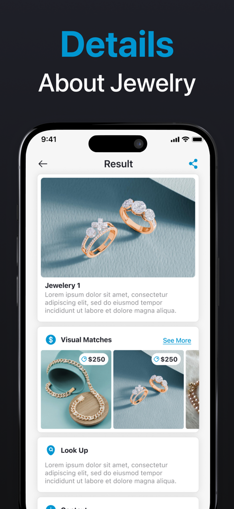 Jewelry Identifier - Pantalla de aplicación móvil mostrando los resultados de identificación de anillos de oro con estimaciones de precios y coincidencias visuales