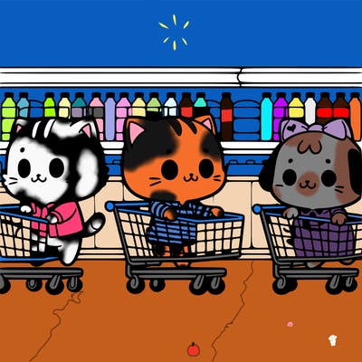 chibi cats and dogs walking on 2 legs pushing shopping carts down a super market aisle