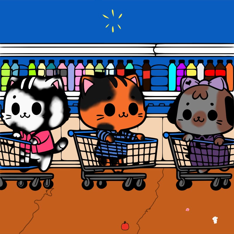 chibi cats and dogs walking on 2 legs pushing shopping carts down a super market aisle