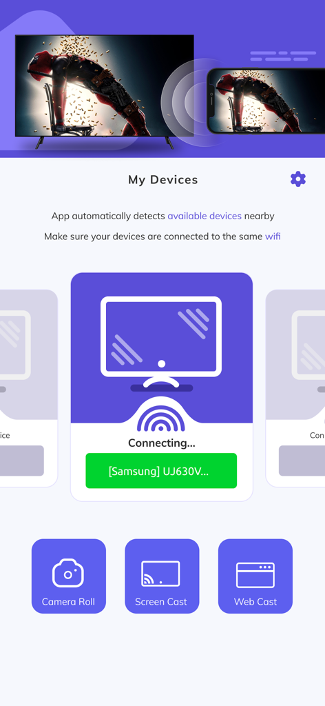 Dou Wan - Screen Mirroring - Dou Wan app interface showing the screen mirroring connection to a Samsung TV
