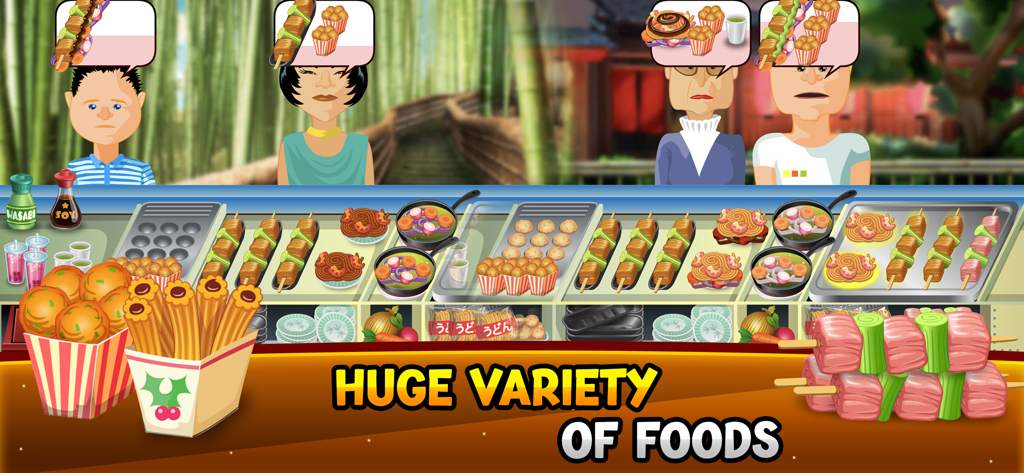 Captura de pantalla del juego que muestra varios alimentos callejeros japoneses y clientes en Hot Dog Bush Food Truck Game
