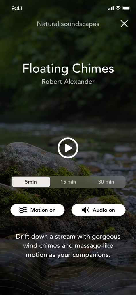 Bryte Balance - Bryte Balance app Somnify screen showing Floating Chimes relaxation session with audio and mattress motion controls