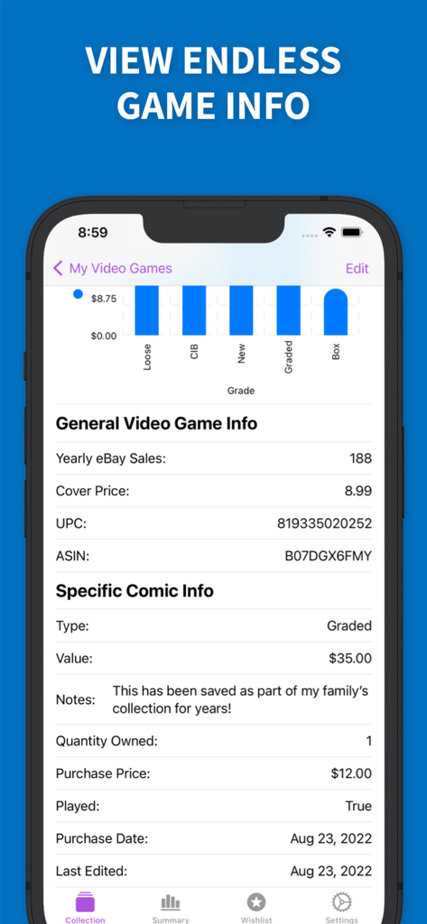 LuckyGame - Video Game Tracker - A screen from the LuckyGame app showing detailed video game information pricing charts and collection stats