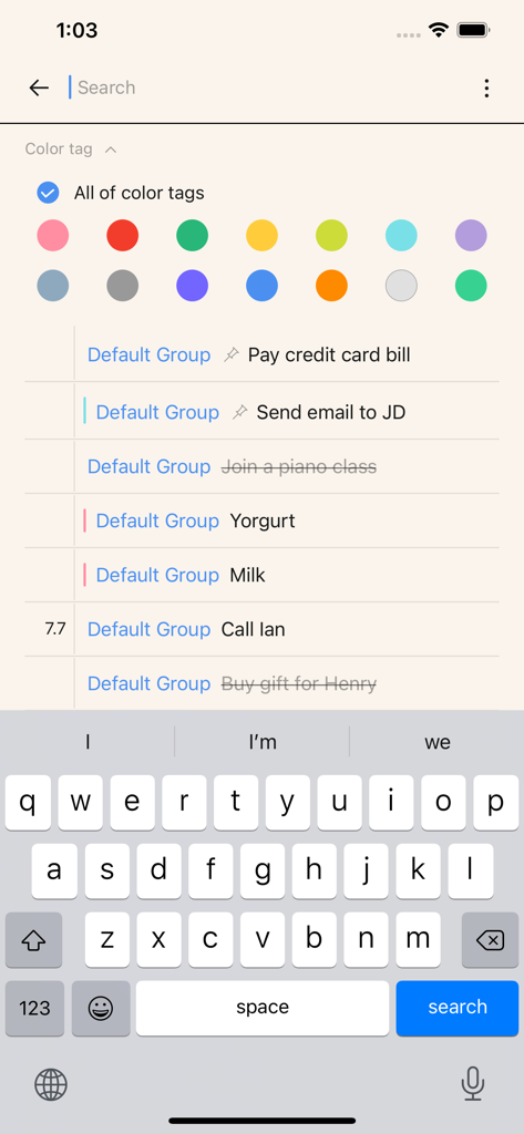 Do app search screen showing a list of tasks with color tag filters and a keyboard