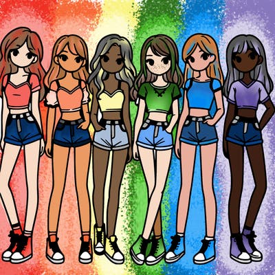 a group of girls wearing crop tops and shorts