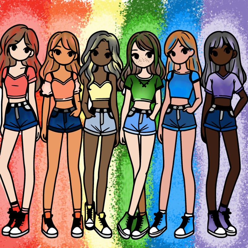 a group of girls wearing crop tops and shorts