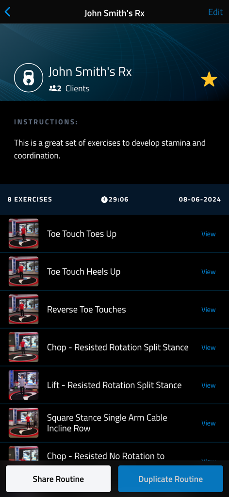 Professional golf training routine in the TPI Pro app listing specific physical exercises for a client.