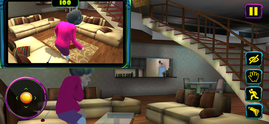 A character sneaking in a living room in the Scary Teacher 3D mobile game