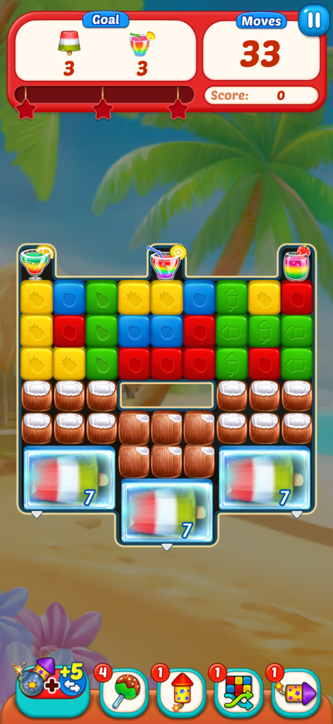 Fruit Cube Blast: Match 3 Game - Gameplay screen of Fruit Cube Blast showing colorful matching cubes on a tropical beach level with puzzle goals and power-ups