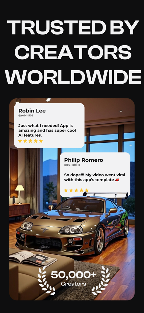 Car Editor - Customize Car - Interfaccia dell'app Car Editor che mostra recensioni positive degli utenti e un'auto sportiva personalizzata con il traguardo di oltre 50000 creatori