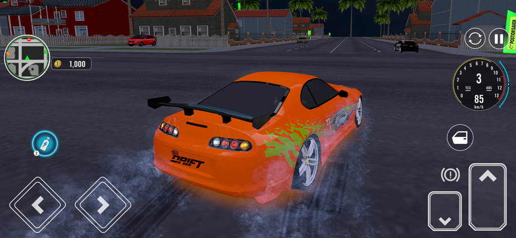 Car Modification Drift Race - Carro esportivo modificado laranja fazendo drift em uma corrida de rua