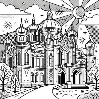 Step into a whimsical world with this stunning Pop Art winter palace coloring page. Its intricate details and comic-book aesthetic promise a uniquely engaging artistic experience for all ages.