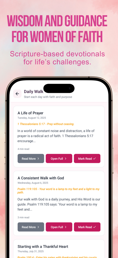 Tela Caminhada Diária com devocionais baseados em escrituras e reflexões de oração para mulheres de fé