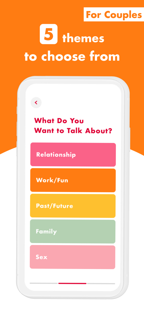 Sekirara: Conversation Starter - Ein Smartphone-Bildschirm aus der Sekirara-App zeigt fünf Gesprächsthemen für Paare, einschließlich Beziehung und Familie