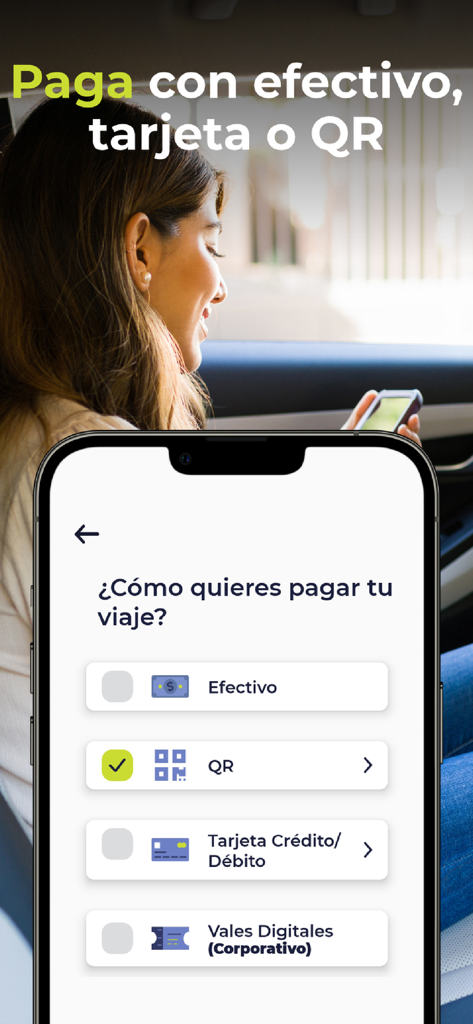 Tela de smartphone do aplicativo Taxis Libres exibindo opções de pagamento como dinheiro, QR, cartão de crédito e vales corporativos
