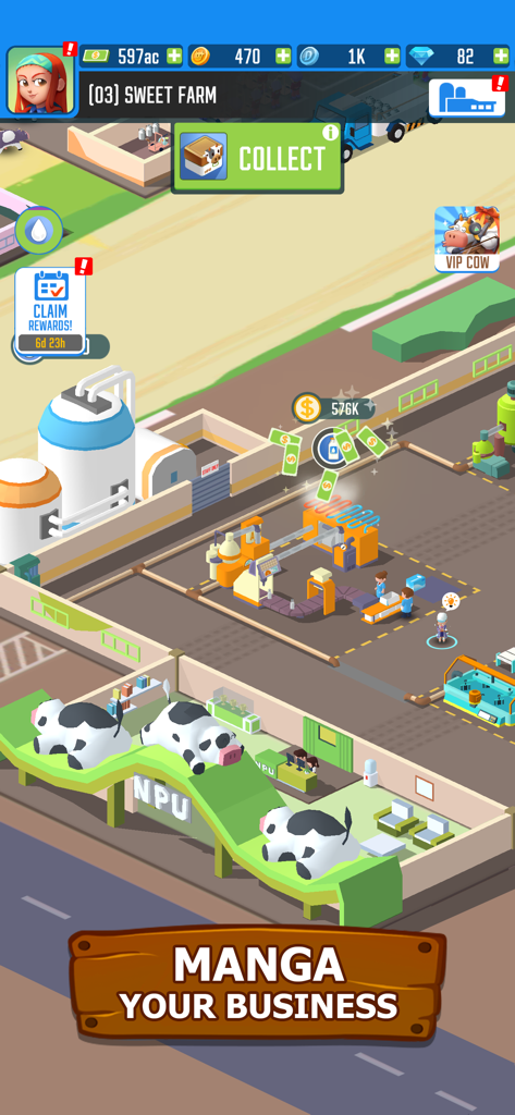 Milk Farm Tycoon - A screenshot of Milk Farm Tycoon showing a dairy production facility with cows and workers in an idle game style
