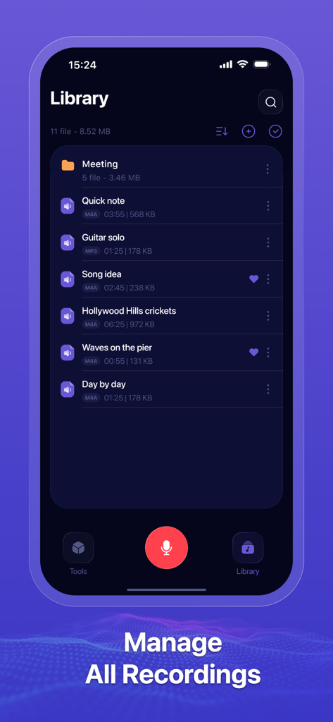 Library interface of Audacity Audio Record app displaying a list of audio files and folders.