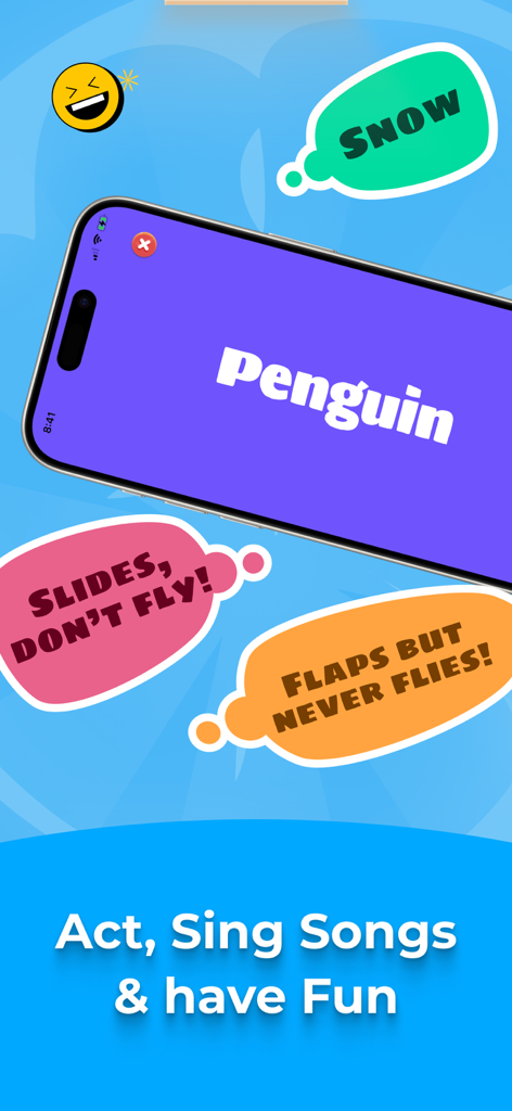 Charades: Family & Party Game - A smartphone screen showing the word Penguin with various game clues for a charades party app