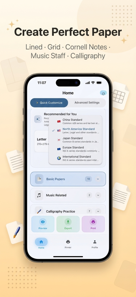Paper AI: Planner & Templates - Interfaz de la aplicación Paper AI que muestra plantillas de papel personalizables y tamaños de papel estándar internacionales.