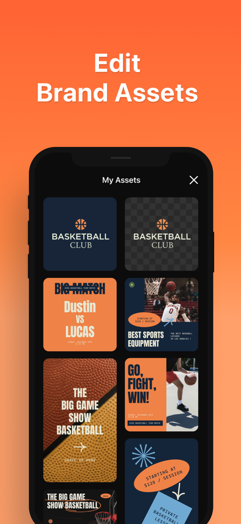 Logo Maker AI Creator — Conic - Mobile screen showing a variety of custom basketball themed brand assets in the My Assets section