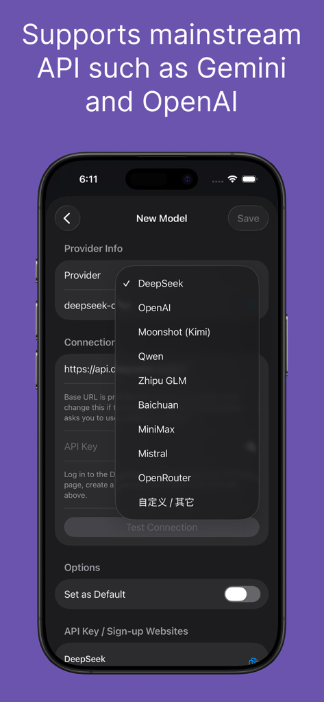 FlashTranslate · Own API - FlashTranslate app interface showing a list of supported AI providers like OpenAI and DeepSeek for custom API integration
