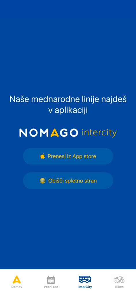 Screenshot della schermata InterCity dell'app Nomago per i viaggi in autobus internazionali.