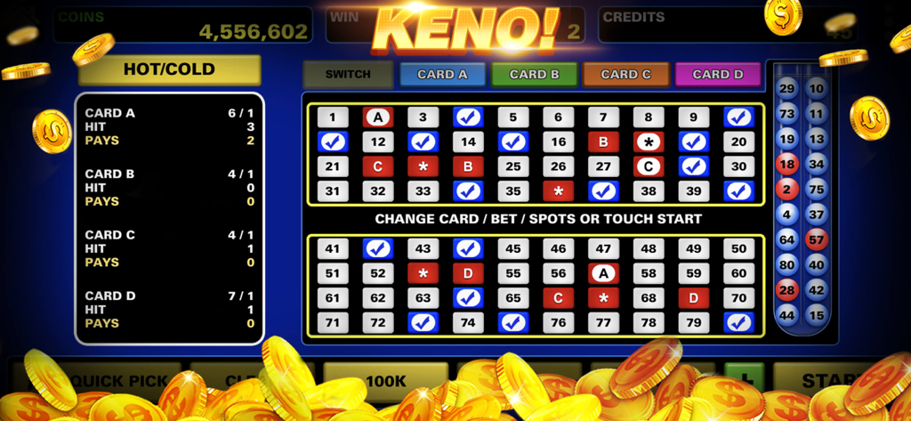 Vegas Slots - 7Heart Casino - ベガススロット 7Heart Casinoアプリの複数のカードと金貨が表示されたケノゲームプレイ画面