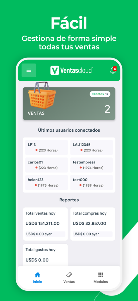 Ventas CLOUD - Pantalla de inicio de la aplicación móvil Ventas CLOUD que muestra informes diarios de ventas y gastos para pequeñas empresas