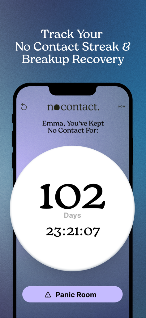No Contact Tracker Pro - Tela do aplicativo móvel exibindo um contador de sequência de contato zero de 102 dias para recuperação de término