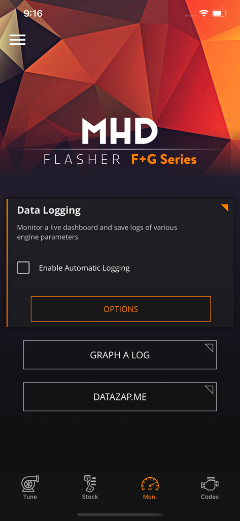 Pantalla de la aplicación MHD Flasher mostrando opciones de registro y monitorización de datos del motor para BMW
