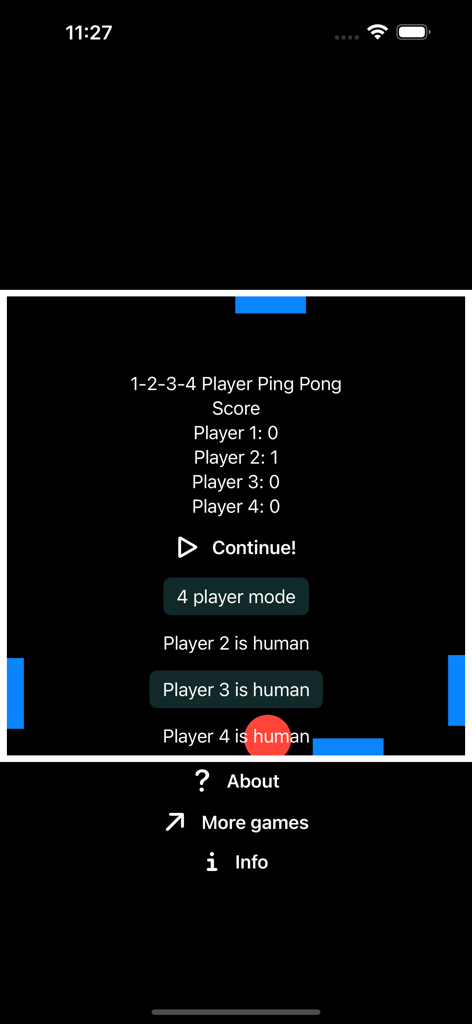 1-2-3-4 Player Ping Pong - Scoreboard and player settings menu for 1-2-3-4 Player Ping Pong showing four player mode.