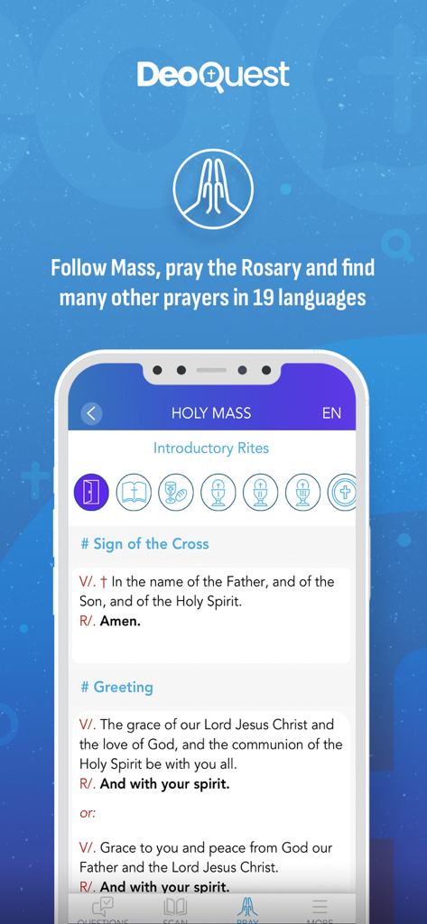 DeoQuest - Tweeting with GOD - DeoQuest app interface displaying Holy Mass introductory rites and prayers on a smartphone screen.