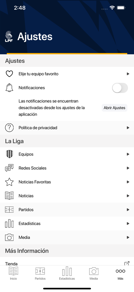 Liga Panameña de Fútbol - Menú de configuración de la aplicación oficial Liga Panamena de Futbol que muestra opciones de notificaciones e información de la liga